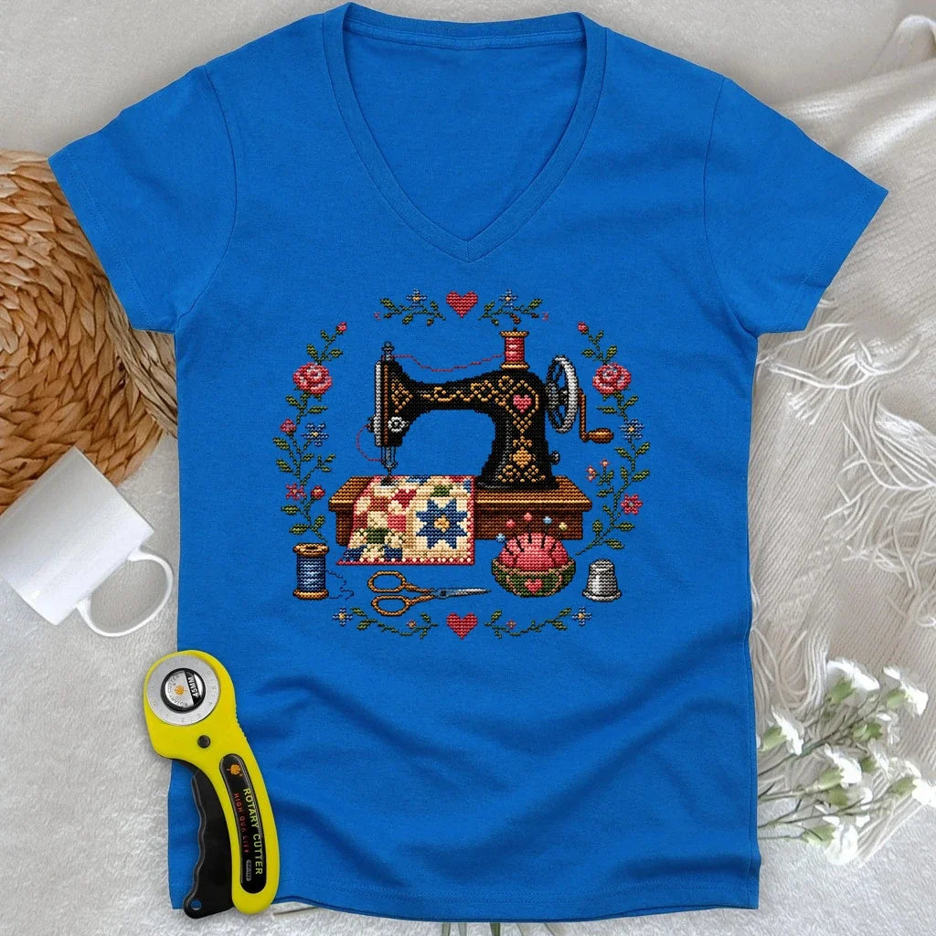 Cross-Stitched Sewing Machine Lady V-neck