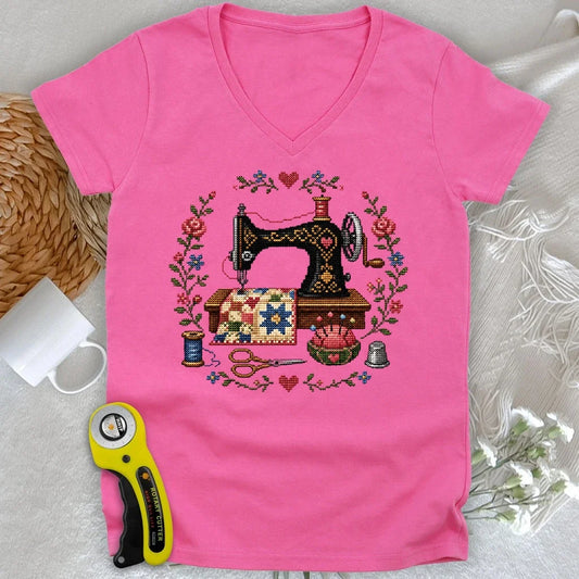 Cross-Stitched Sewing Machine Lady V-neck