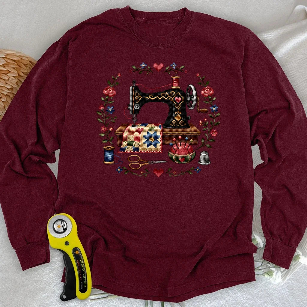 Cross-Stitched Sewing Machine Long Sleeve T-shirt