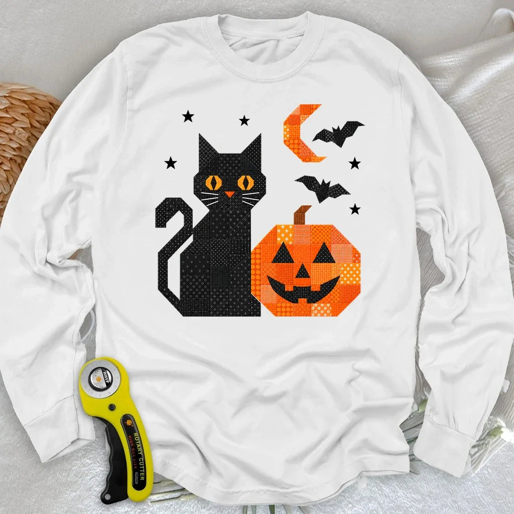 Patchwork Cat & Pumpkin Long Sleeve T-shirt