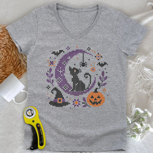 Moonlit Halloween Cross Stitch Lady V-neck