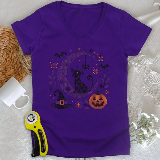 Moonlit Halloween Cross Stitch Lady V-neck