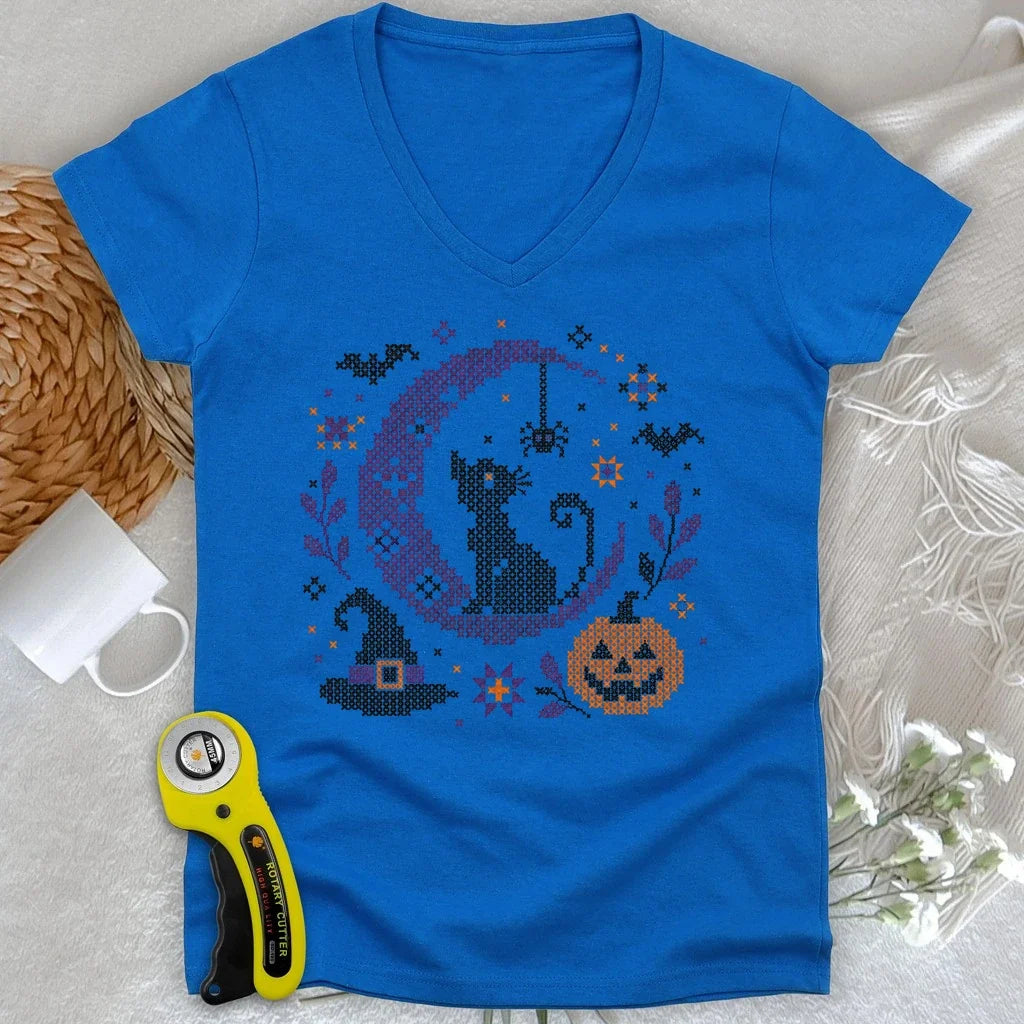 Moonlit Halloween Cross Stitch Lady V-neck