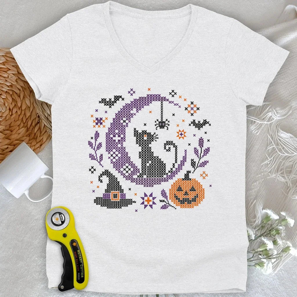 Moonlit Halloween Cross Stitch Lady V-neck
