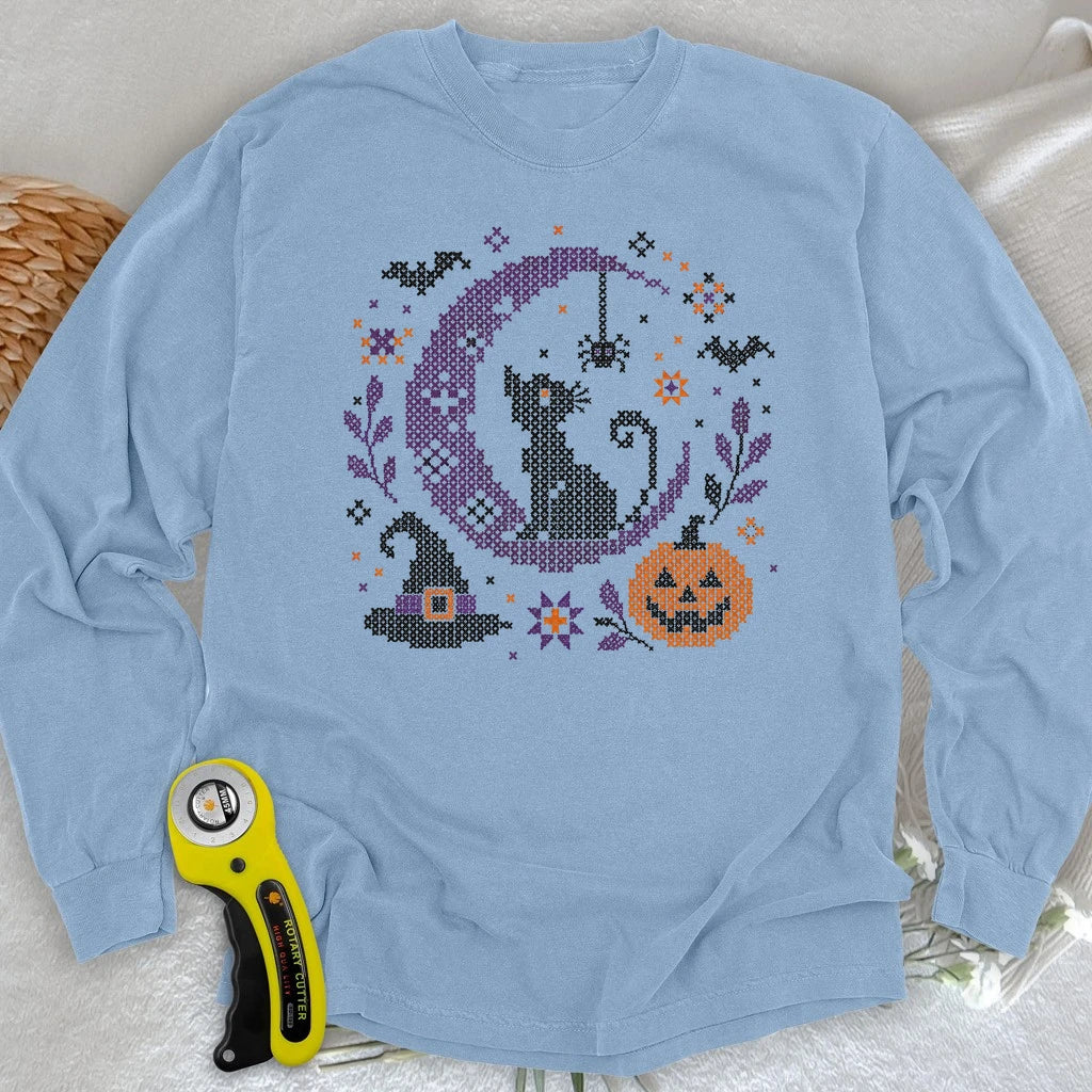 Moonlit Halloween Cross Stitch Long Sleeve T-shirt