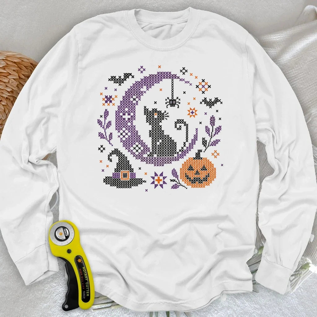 Moonlit Halloween Cross Stitch Long Sleeve T-shirt