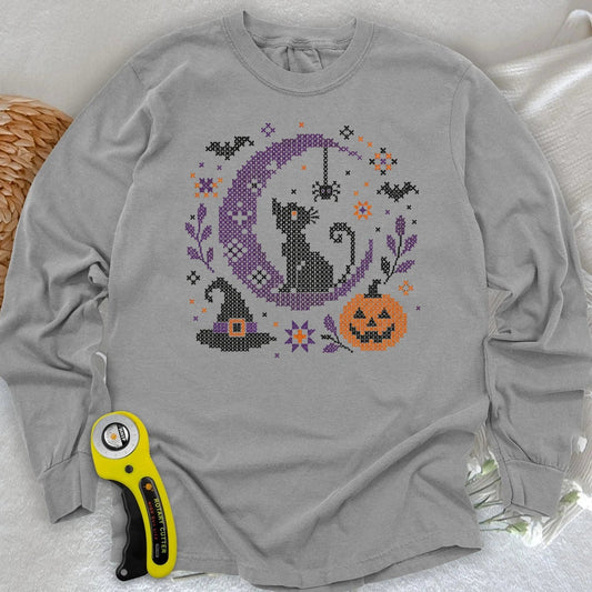 Moonlit Halloween Cross Stitch Long Sleeve T-shirt