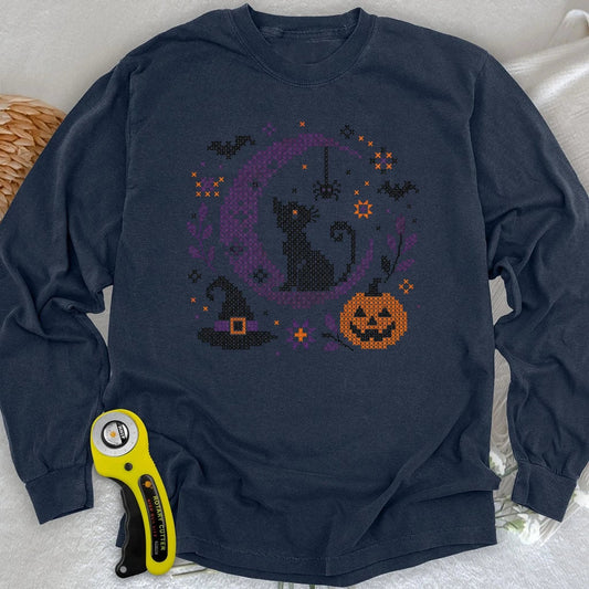 Moonlit Halloween Cross Stitch Long Sleeve T-shirt