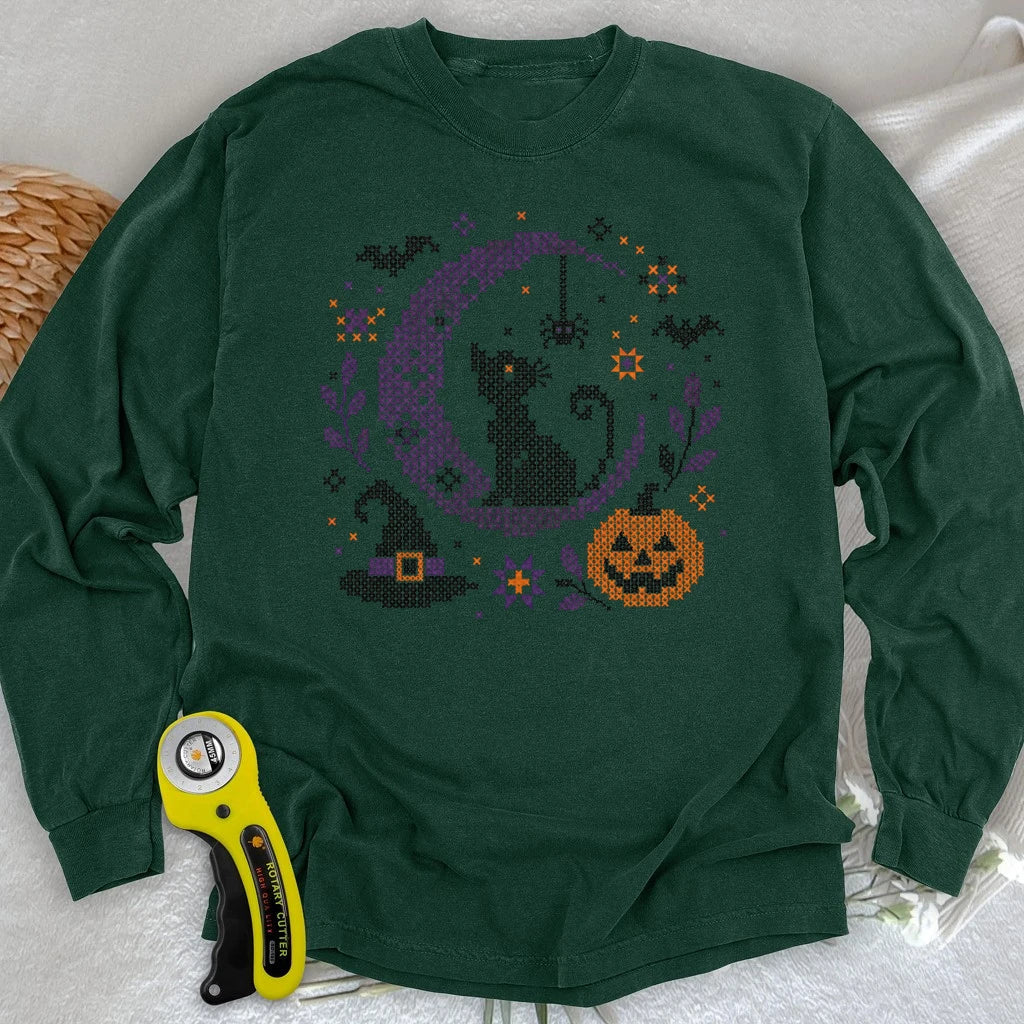Moonlit Halloween Cross Stitch Long Sleeve T-shirt