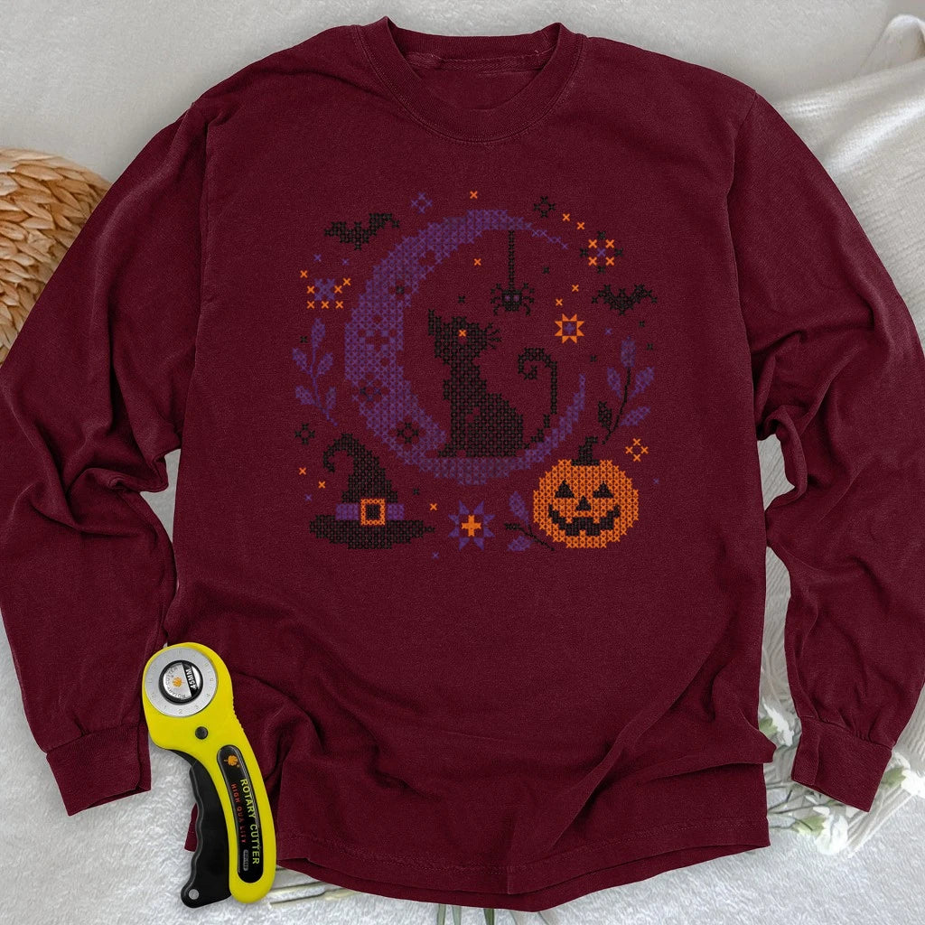 Moonlit Halloween Cross Stitch Long Sleeve T-shirt