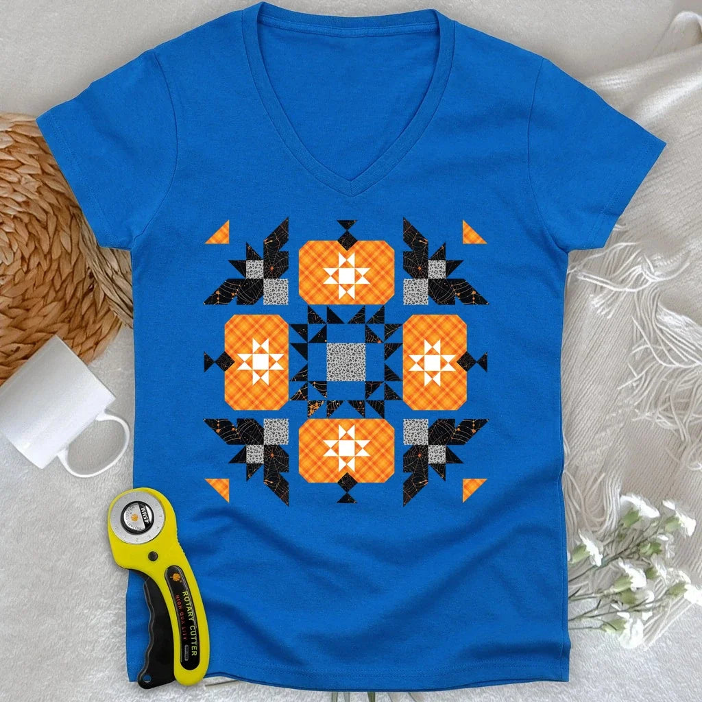 Halloween Patchwork Quilt Lady V-neck