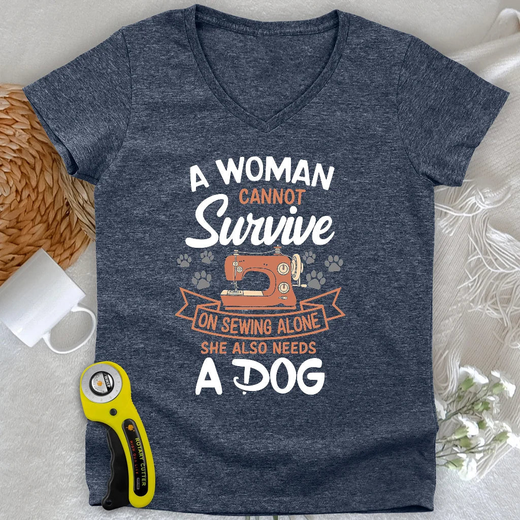 Can’t Sew Without My Dog Lady V-neck