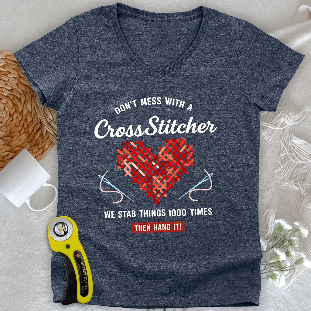 Don't Mess With a Cross Stitcher Lady V-neck