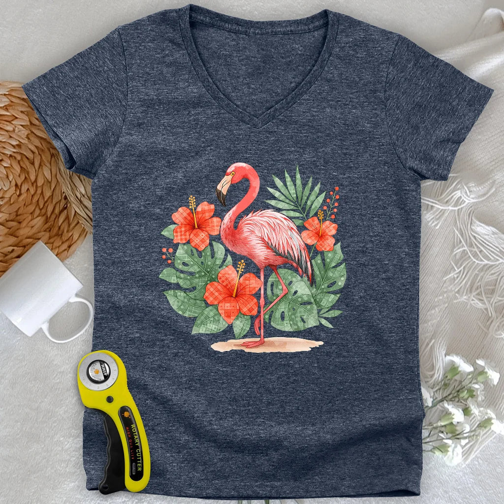 Flamingo & Floral Patchwork Lady V-neck