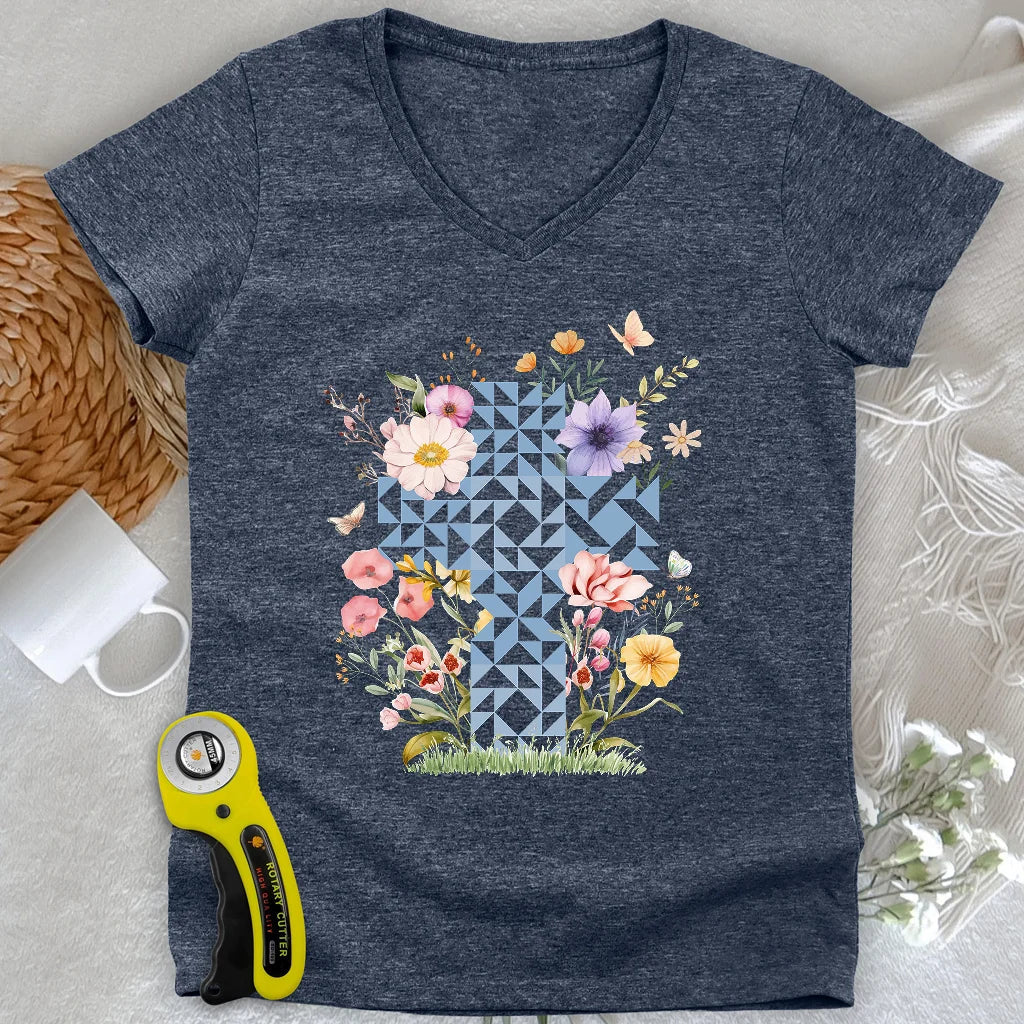 Floral Faith Quilt Lady V-neck