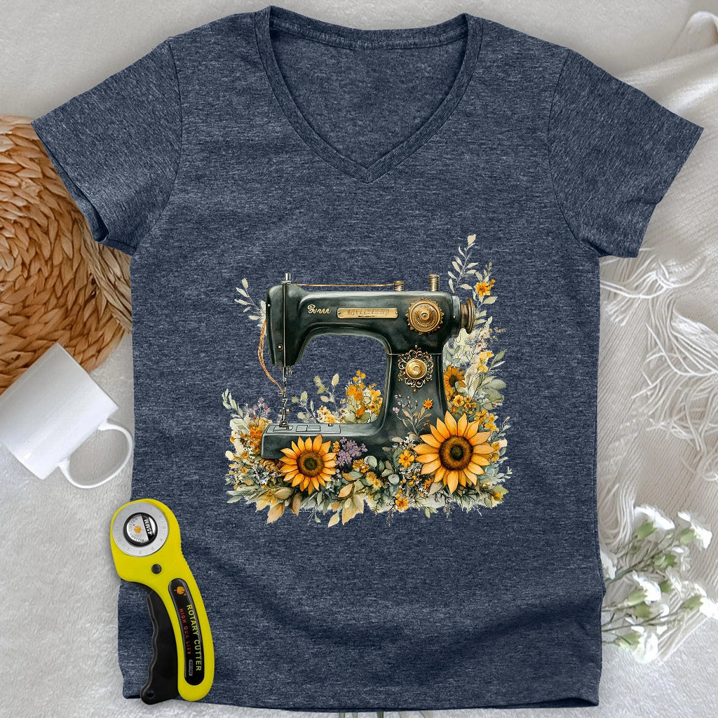 Floral Sewing Machine Lady V-neck