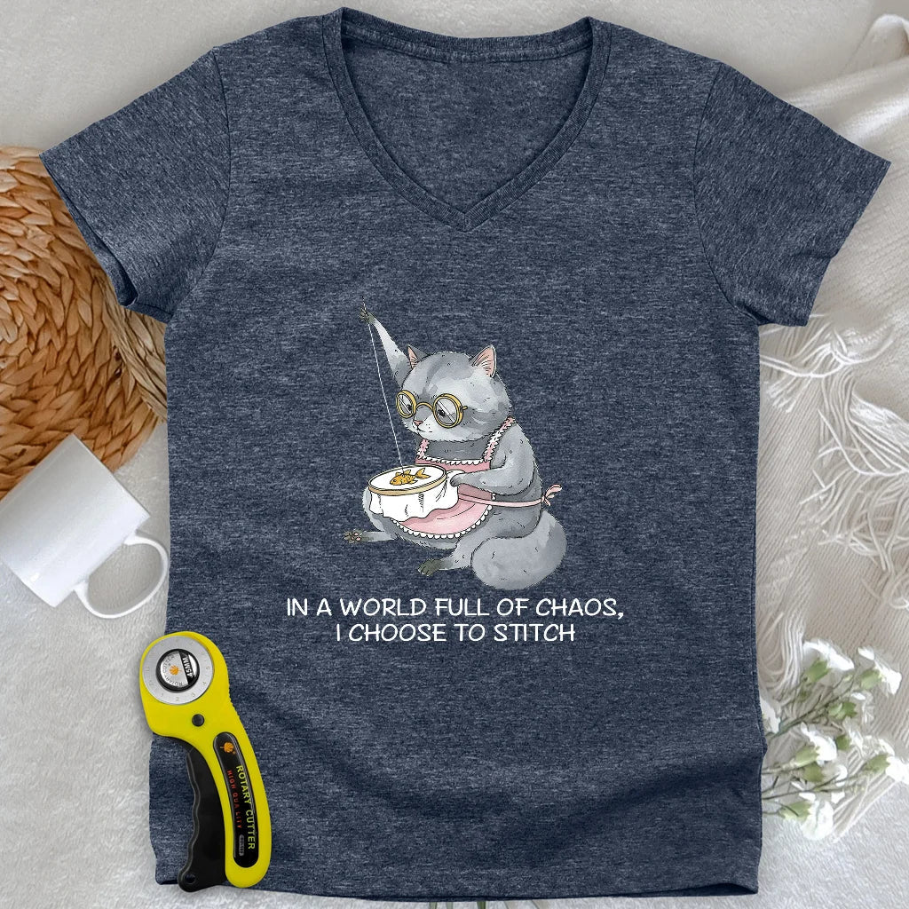 Granny Cat Sewist Lady V-neck