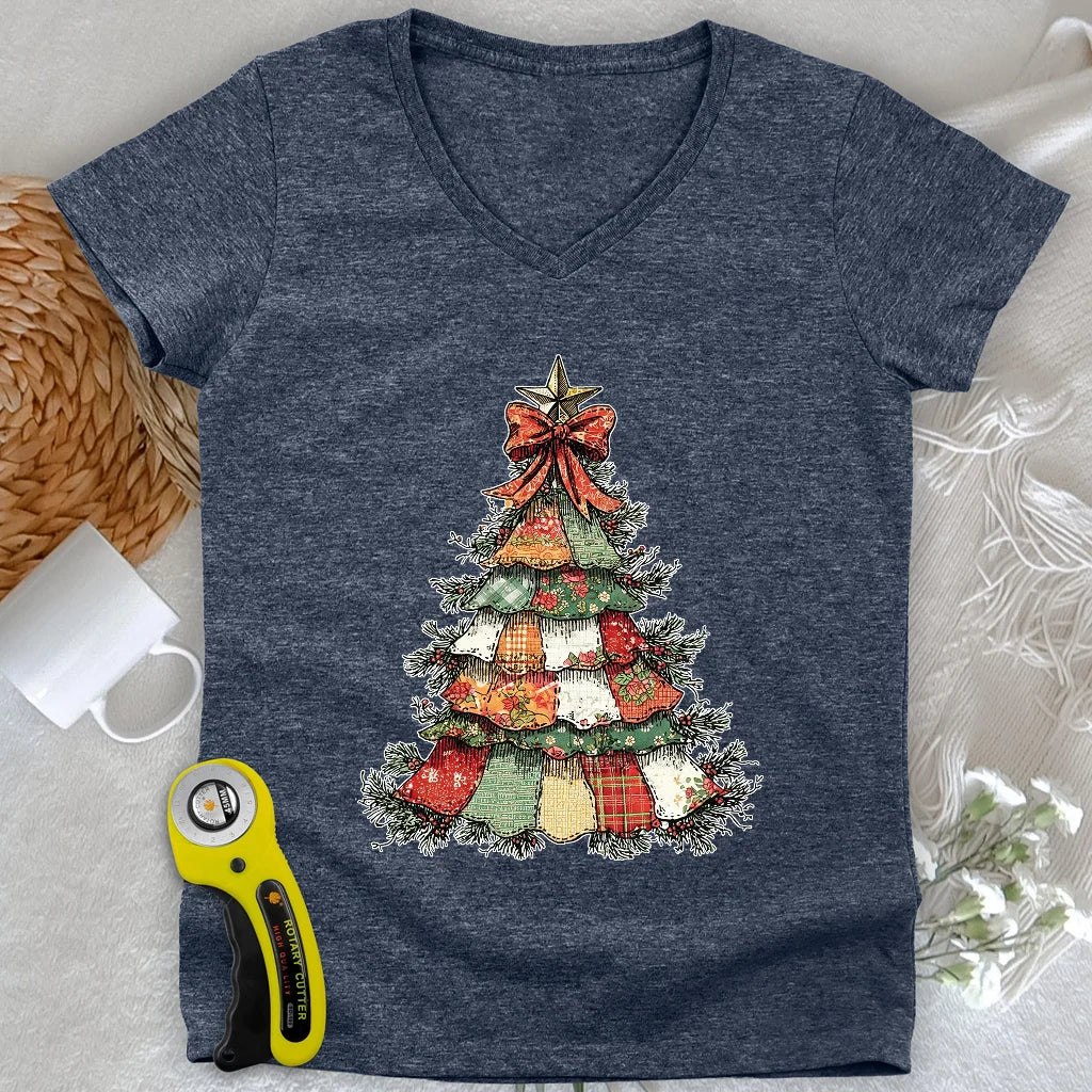Patchwork Xmas Tree Lady V-neck