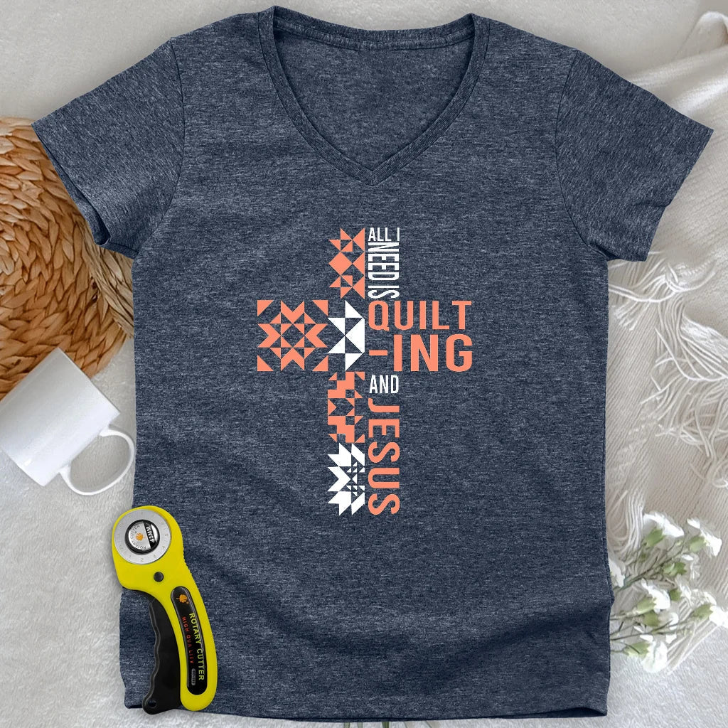 Quilting and Jesus Lady V-neck