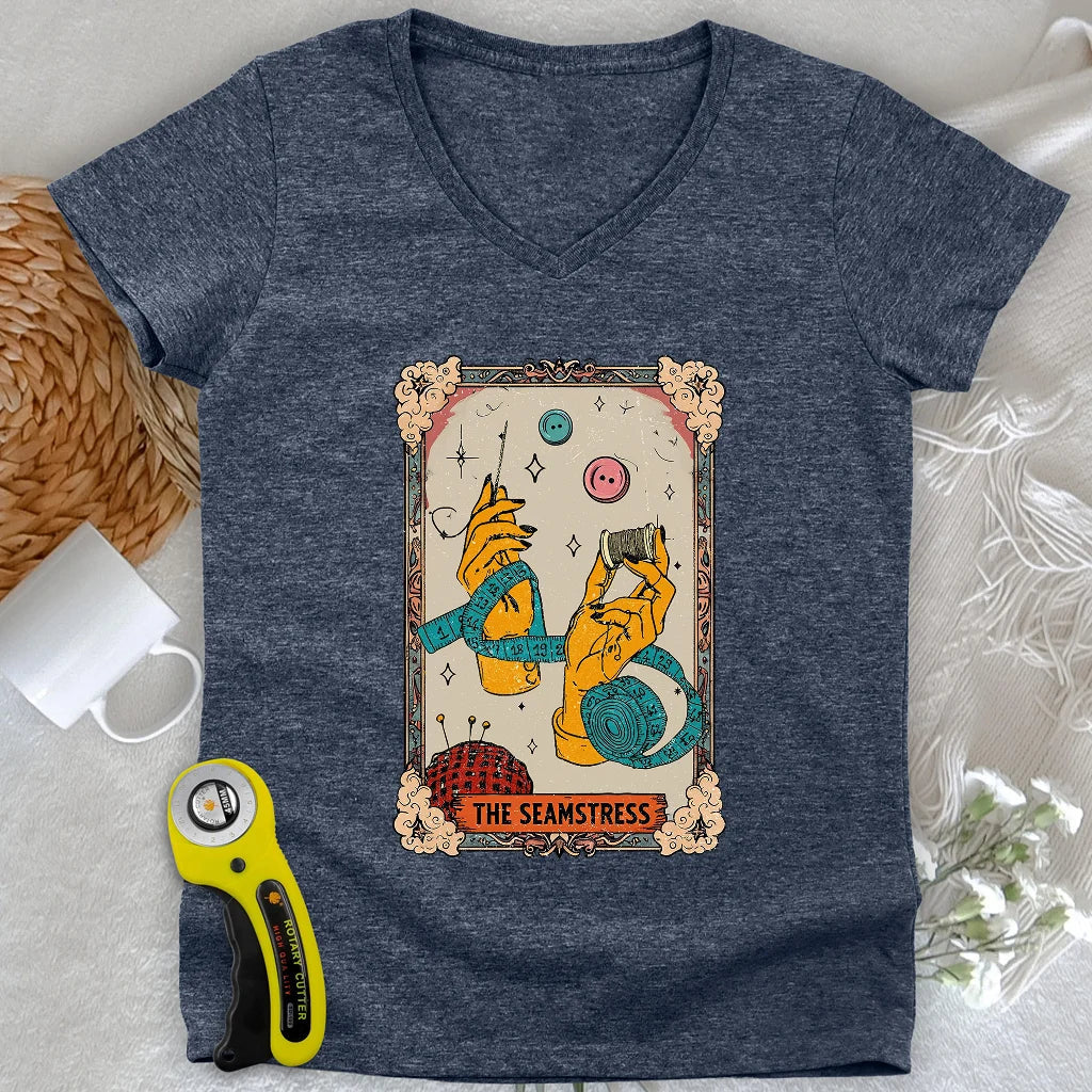 Tarot Card Seamstress Lady V-neck