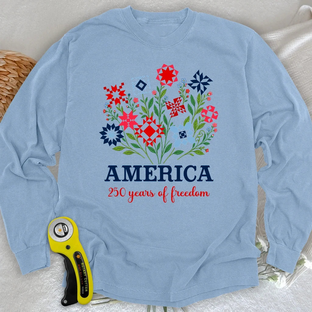 Americana Quilt Blooms Long Sleeve T-shirt