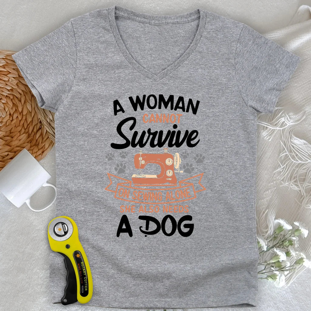 Can’t Sew Without My Dog Lady V-neck