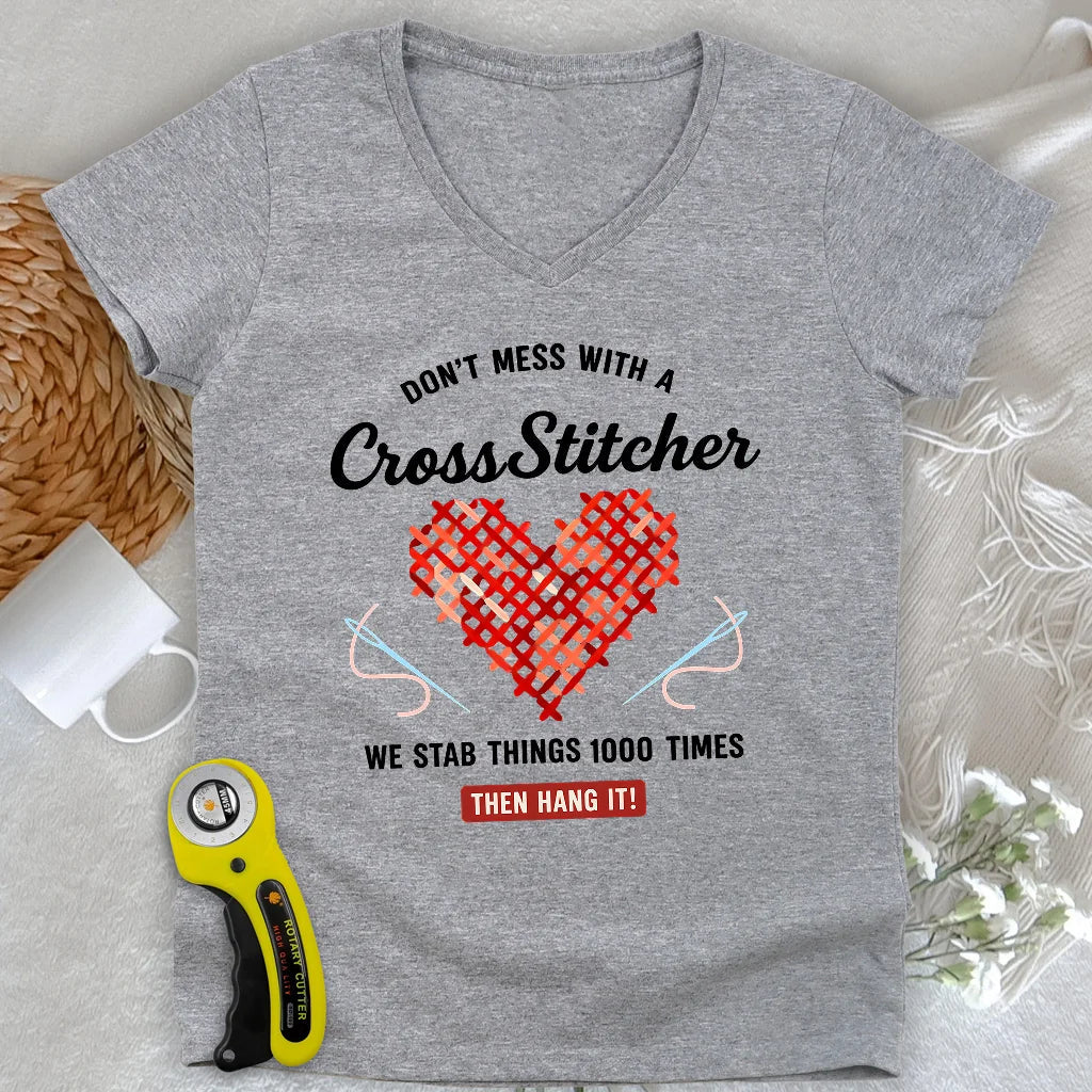 Don't Mess With a Cross Stitcher Lady V-neck