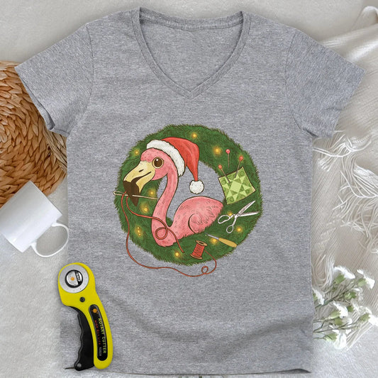 Flamingo's Quiltmas Wreath Lady V-neck