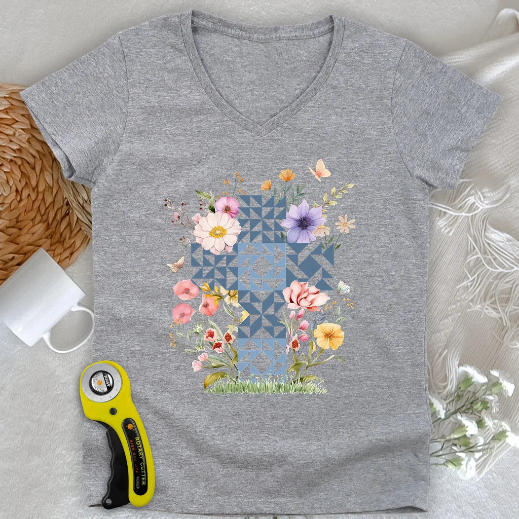 Floral Faith Quilt Lady V-neck