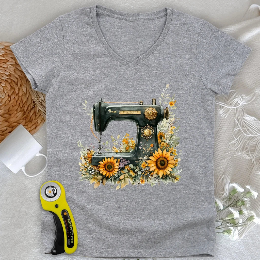 Floral Sewing Machine Lady V-neck
