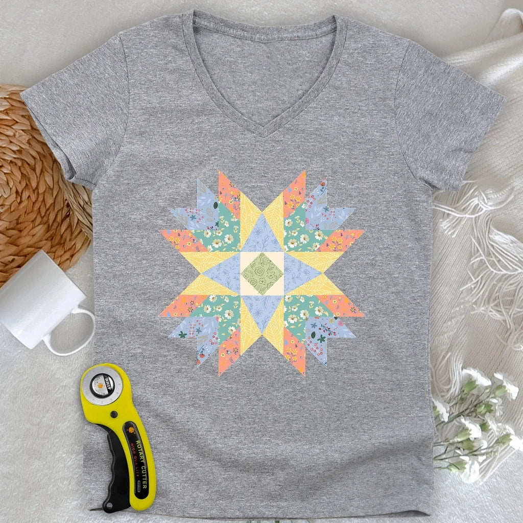 Floral Star Quilt Lady V-neck