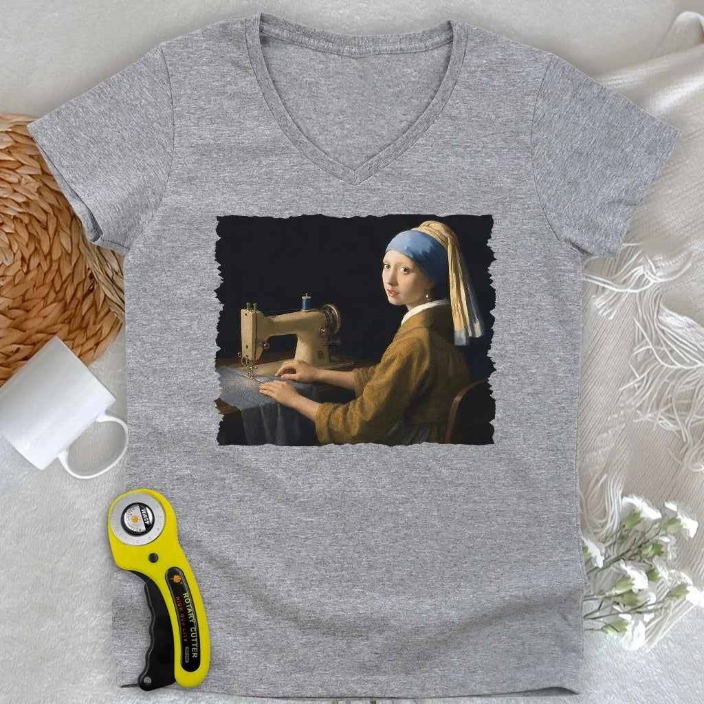Girl With A Sewing Machine Lady V-neck