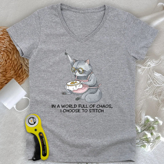 Granny Cat Sewist Lady V-neck