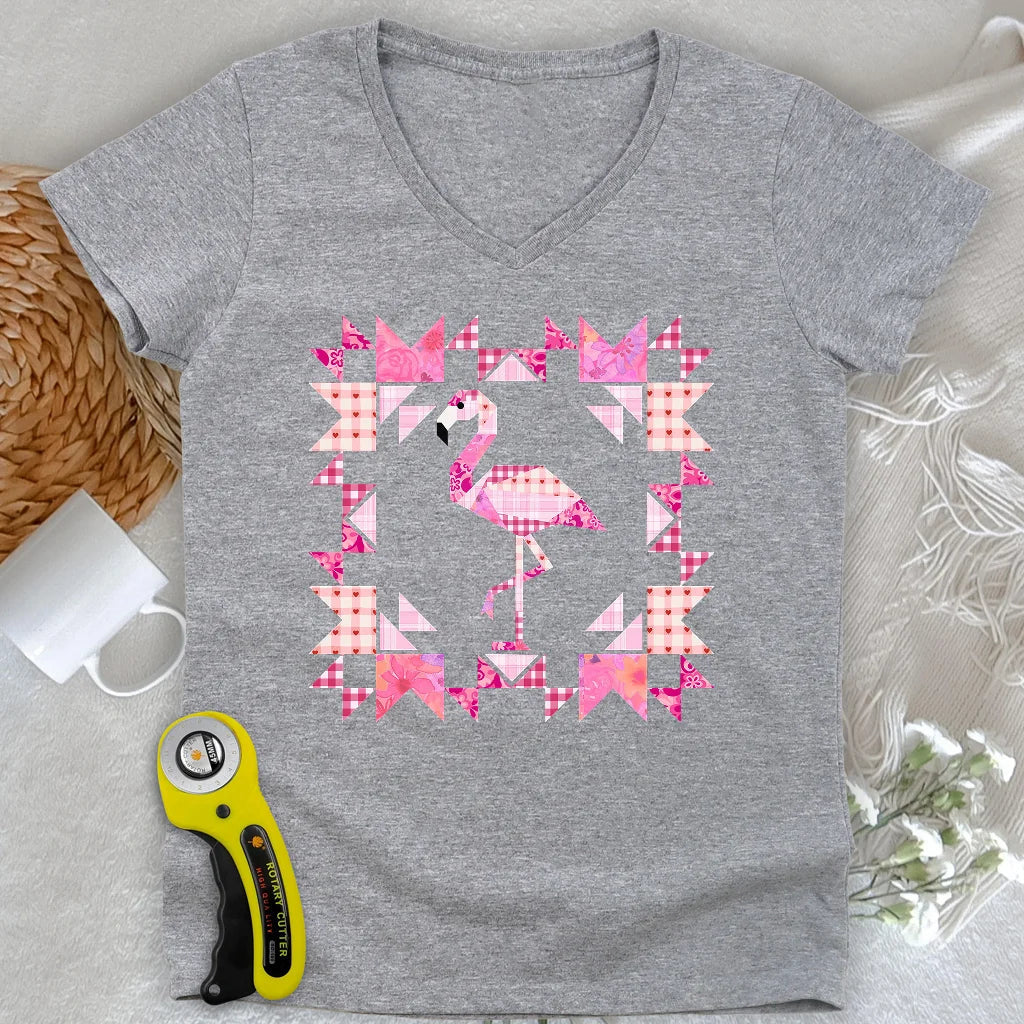 Patchwork Flamingo Panel Lady V-neck