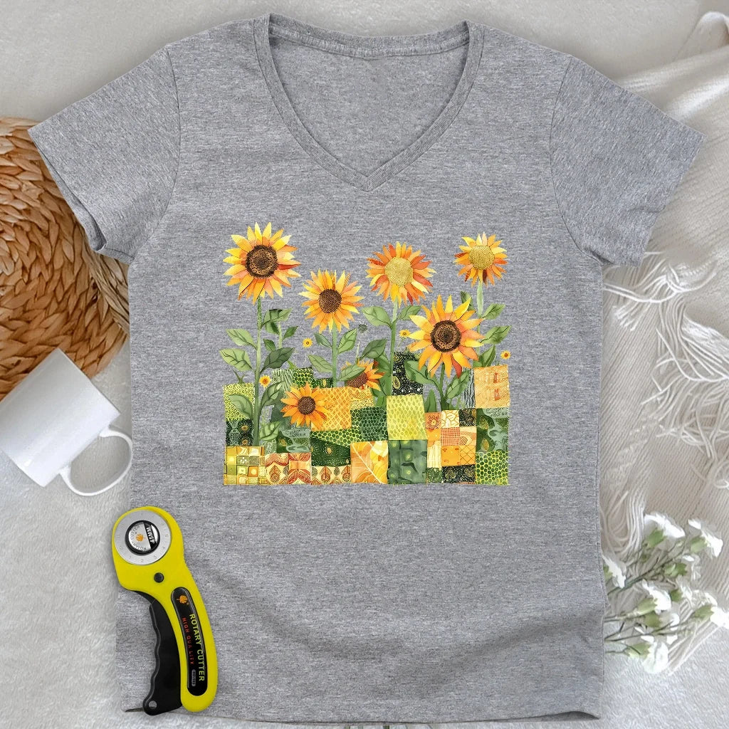 Quilted Sunflower Field Lady V-neck