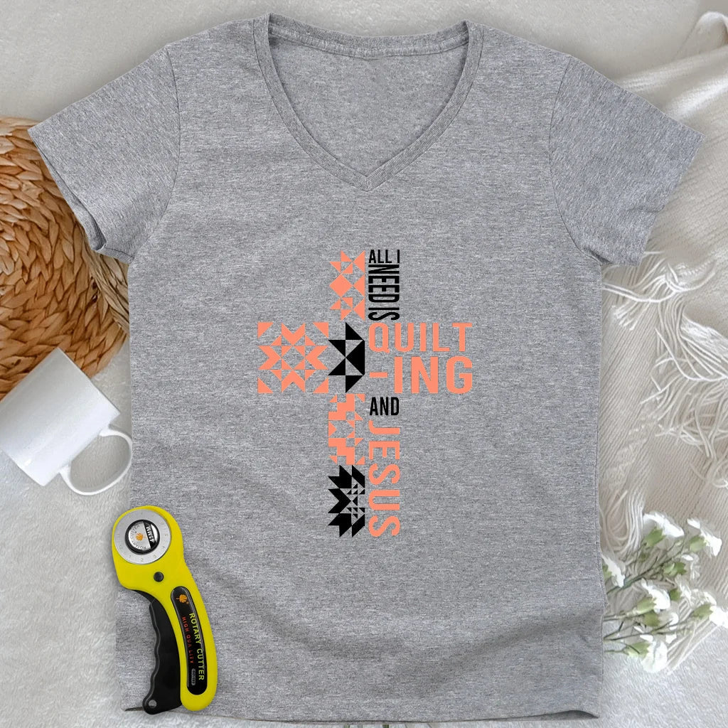 Quilting and Jesus Lady V-neck