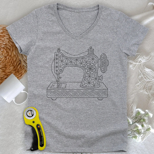 Sashiko Sewing Machine Lady V-neck