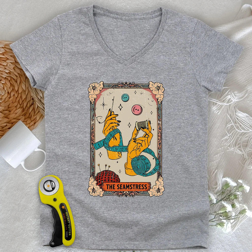 Tarot Card Seamstress Lady V-neck