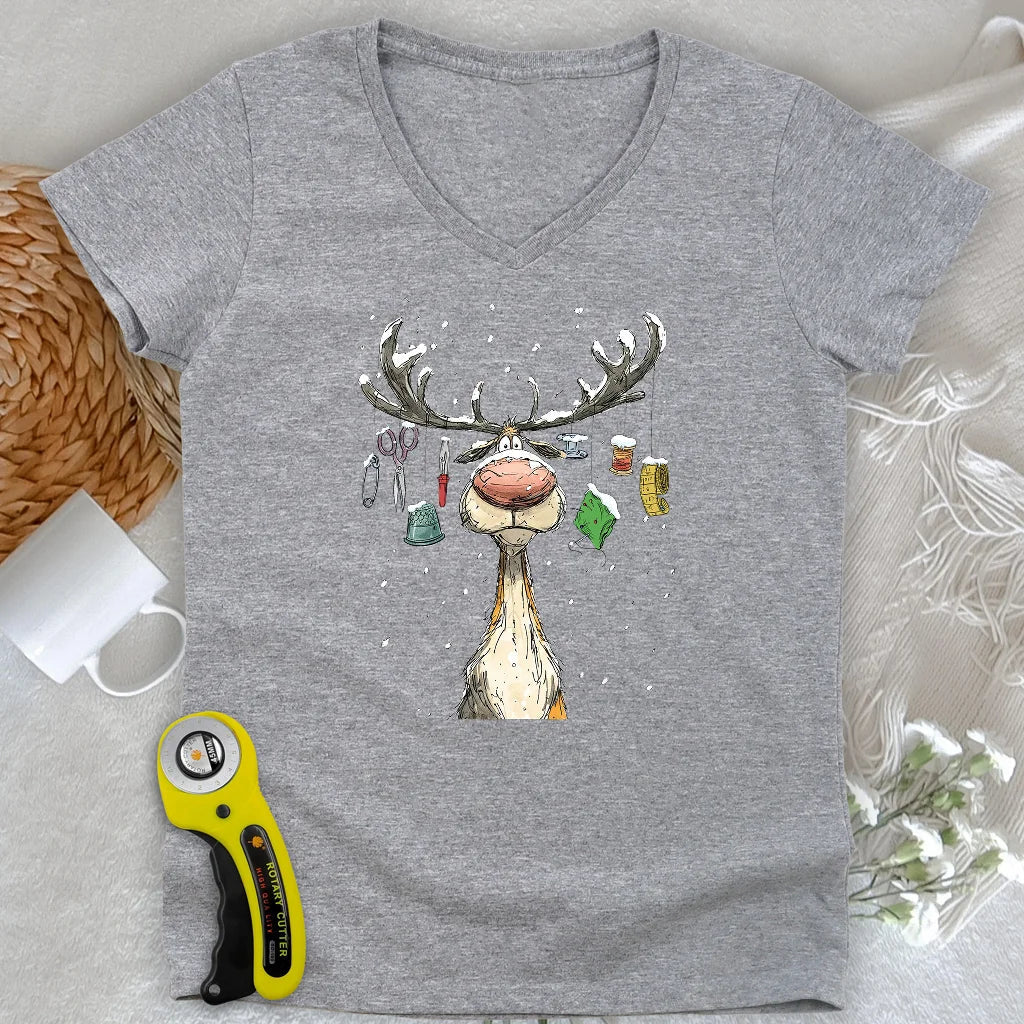 The Reindeer Quilter Lady V-neck