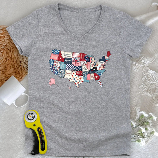 USA Quilt Map Lady V-neck