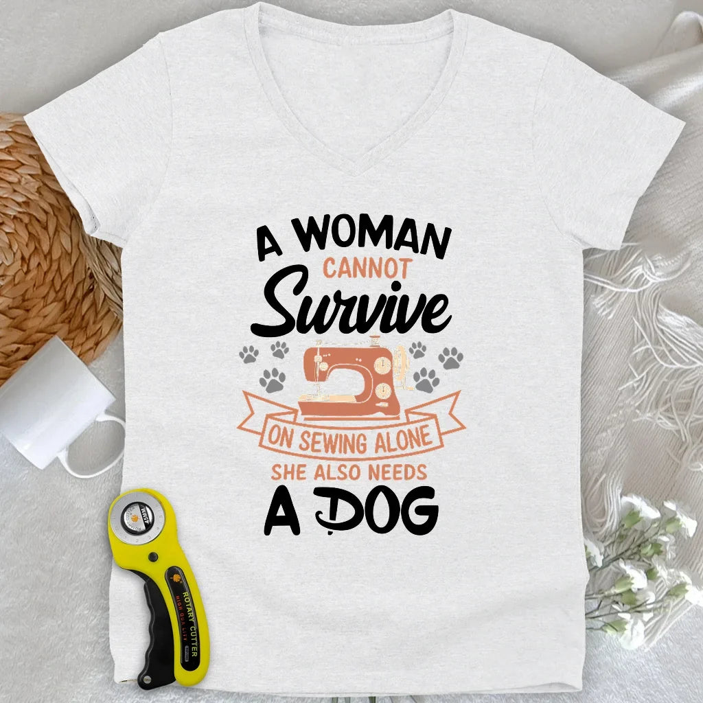 Can’t Sew Without My Dog Lady V-neck