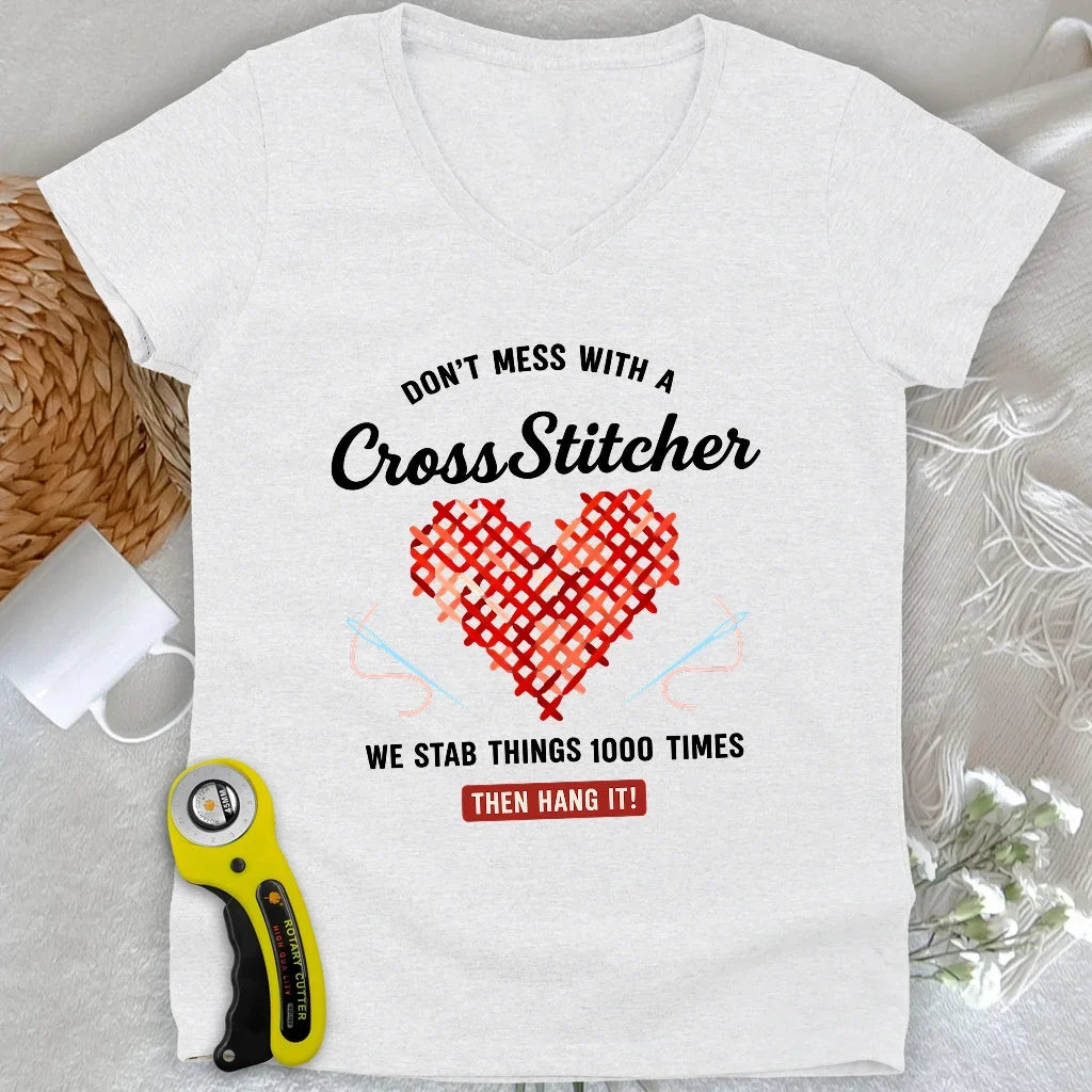 Don't Mess With a Cross Stitcher Lady V-neck