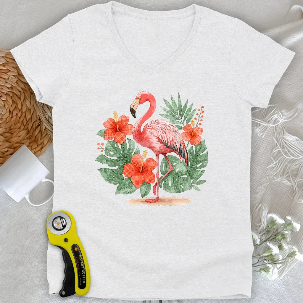 Flamingo & Floral Patchwork Lady V-neck