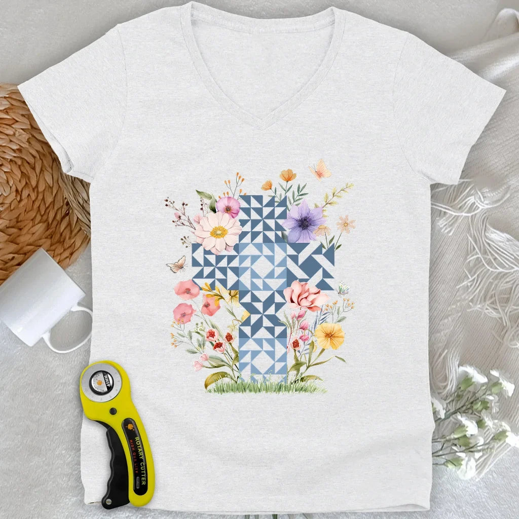 Floral Faith Quilt Lady V-neck