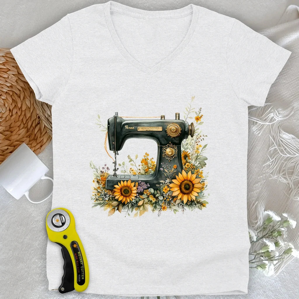 Floral Sewing Machine Lady V-neck