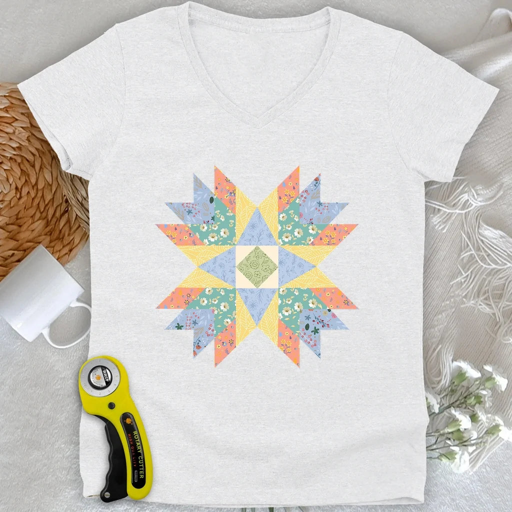 Floral Star Quilt Lady V-neck