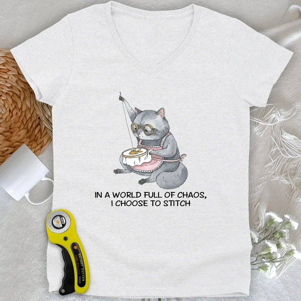 Granny Cat Sewist Lady V-neck