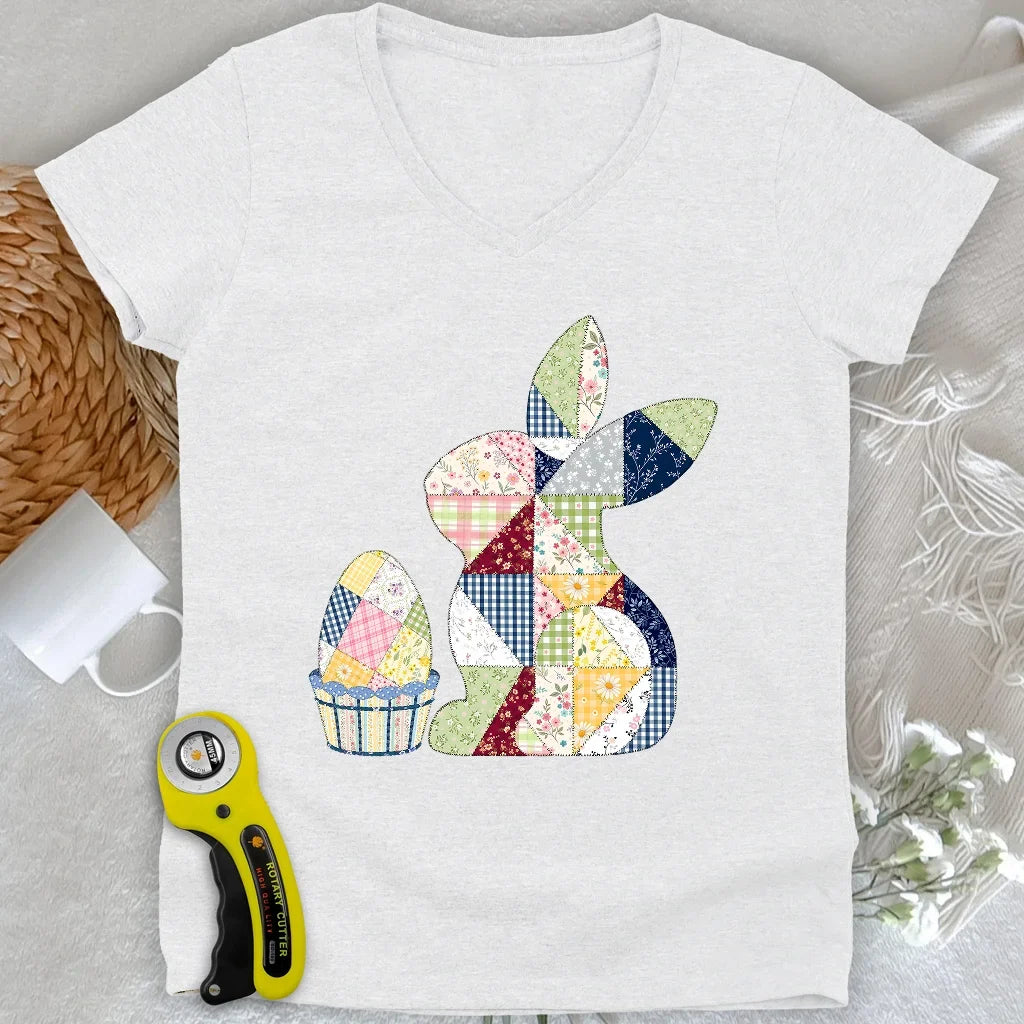 Patchwork Easter Bunny Lady V-neck