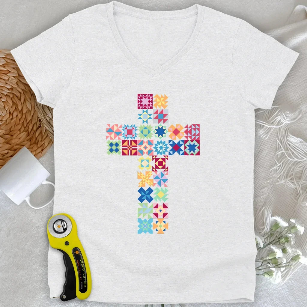 Patchwork Faith Cross Lady V-neck