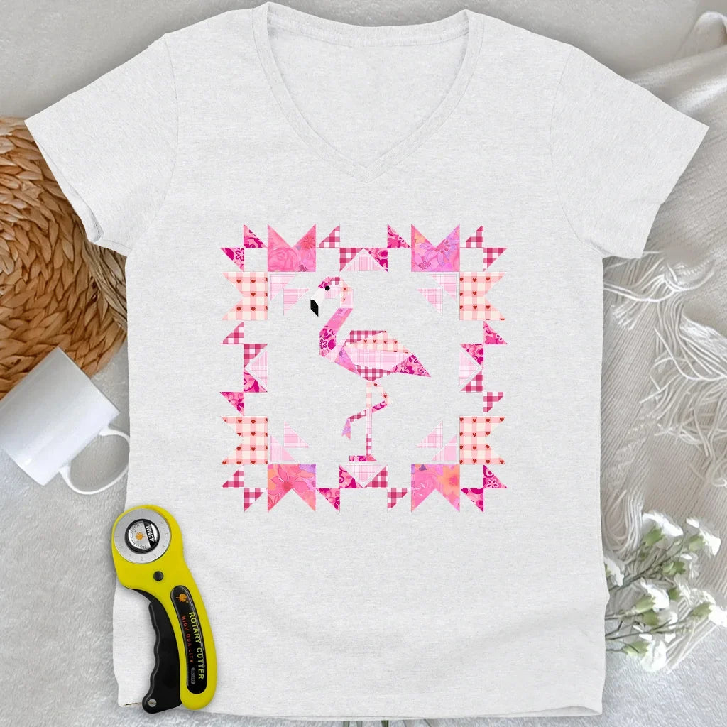 Patchwork Flamingo Panel Lady V-neck